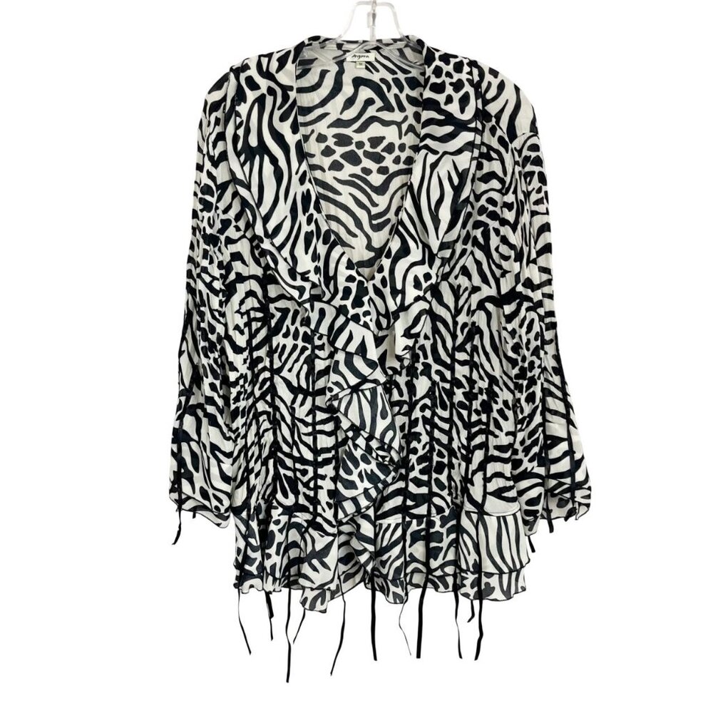 Vintage‎ Angora Y2K Zebra Ruffle Long Sleeve Blouse V-neck Funky Artsy - Size 1X